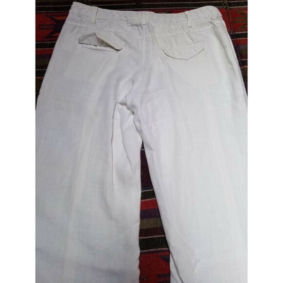 Womens High Rise Pants Extended Button Tab Braided Waist 100% Linen White Sz 14 - Picture 2 of 7